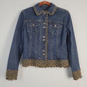 Coldwater Creek denim contrast tweed hem jacket sz P6 blue brown classic pockets
